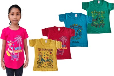 LAKSIMA Baby Girls Printed Pure Cotton T Shirt(Yellow, Pack of 4)
