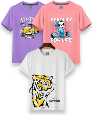 NI Fashion Boys & Girls Printed Cotton Blend Regular T Shirt(Multicolor, Pack of 3)
