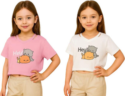 Prinsoo Girls Casual Cotton Blend Crop Top(White, Pink, Pack of 2)