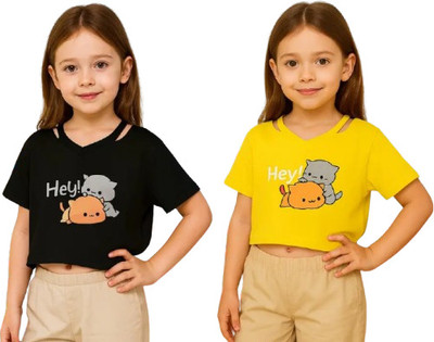 Prinsoo Girls Casual Cotton Blend Crop Top(Black, Yellow, Pack of 2)