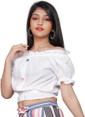 vroxa creation Girls Casual Cotton Blend Crop Top(White, Pack of 1)