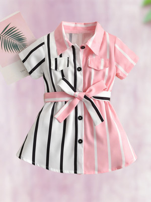 Stinity Indi Girls Above Knee Casual Dress(Pink, Half Sleeve)