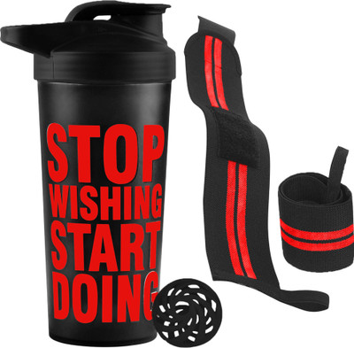 FIT FOCUS Combo of Stop Wishing Gym Protein Shaker Bottle with Wrist Support Band Fitness Accessory Kit Kit