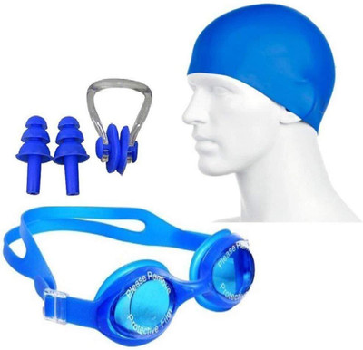 Spocco Swimming set with Swimming Goggles, Silicone swimming cap, Earplug, Nose plug Swimming Cap(Blue, Pack of 1)