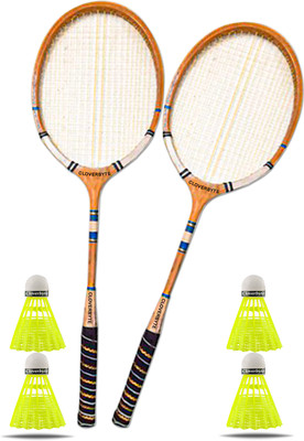 MINIBLITZ Wooden Badminton kit Set Of 2 Piece Racquet with 4 Piece Plastic Shuttle Cock Badminton Kit