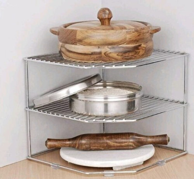 GP stainless steel multipurpose Kitchen Plate Dish Corner Shelf Rack Stand Shelves Holder, Kitchen Tray pan Pot Utensils chakla belan Storage Cupboard Organizer for Home(25.5 * 25.5 * 22 CM) Chakla/Belan Kitchen Rack(Steel)