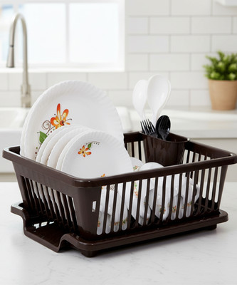 Quick Mart 3 in 1 Large Sink Set Dish Rack Drainer Drying Rack Washing Basket(Brown) Dish Drainer Kitchen Rack(Plastic)