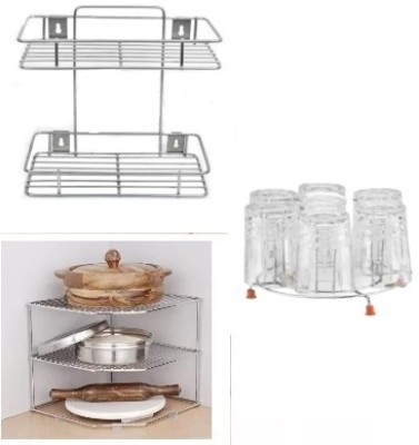 RPKASP Containers Kitchen Rack Steel Presents A Space Saver Combo Of Corner Rack+Self Rack+Glass Stand