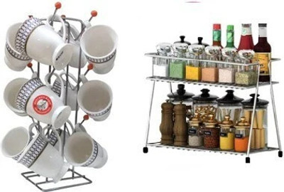 Spice Rack + V Cup Utensil Kitchen Rack(Steel)