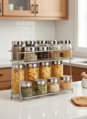 ShopGlobal Stainless Steel Spice 2-Tier Trolley Container Organizer Organiser/Basket for Boxes Utensils Dishes Plates for Home (Multipurpose Kitchen Storage Shelf Shelves Holder Stand Rack) Containers Kitchen Rack(Steel)