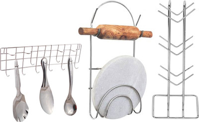 JISUN Utensil Kitchen Rack Steel Stainless Steel Round Chakla Belan Stand & Cup Stand / Cup Holder & Ladle Hook Rail For Kitchen