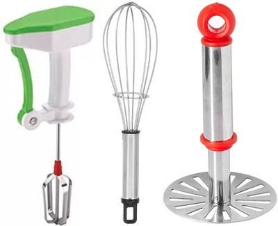 Decent Combo For Smart Kitchen Power Free Hand Blender Whisker & Stainless Steel Masher Combo (Pack Of 3, Multicolor) Kitchen Tool Set(Multicolor)