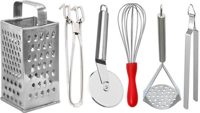 OC9 Slicer and Grater & Pakkad & Pizza Cutter & Whisk & Roti Chimta & Potato Masher Kitchen Tool Set(Silver, Grater, Tong, Cutter, Whisk, Masher)