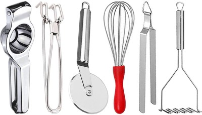 JISUN Lemon Squeezer & Pakkad & Pizza Cutter & Egg Whisk & Chimta & Masher for Kitchen Kitchen Tool Set(Silver, Juicer, Tong, Cutter, Whisk, Tong, Masher)