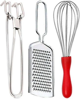 JISUN Stainless Steel Wire Grater & Utility Pakkad & Egg Whisk / Egg Whisk For Kitchen Tool Set(Silver, Tong, Grater, Whisk)