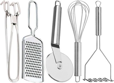 JISUN Utility Pakkad & Wire Grater & Egg Whisk & Pizza Cutter & Potato Masher For Kitchen Tool Set(Silver, Tong, Grater, Whisk, Masher, Cutter)