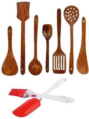 Kombuis Kitchenware WOODEN COOKING SPOON SET OF 7 WITH SILICON OIL BRUSH AND SPATULA COMBO Kitchen Tool Set(Multicolor, Spatula)