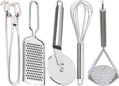 OC9 Utility Pakkad & Wire Grater & Egg Whisk & Pizza Cutter & Potato Masher For Kitchen Tool Set(Silver, Tong, Cutter, Masher, Whisk, Grater)