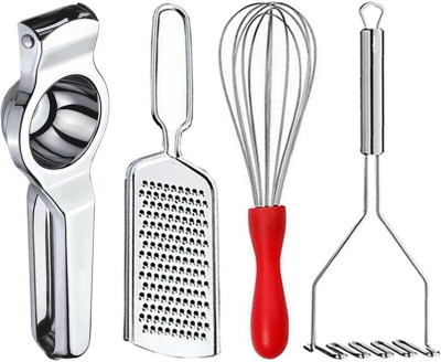 OC9 Stainless Steel Lemon Squeezer & Egg Whisk & Potato Masher & Chesse Grater Kitchen Tool Set(Silver, Masher, Grater, Juicer, Whisk)