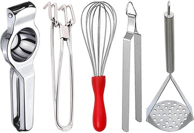 OC9 Lemon Squeezer & Pakkad & Egg Whisk & Roti Chimta & Potato Masher Kitchen Tool Set(Silver, Juicer, Tong, Whisk, Tong, Masher)