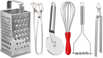 JISUN Slicer and Grater & Pakkad & Pizza Cutter & Whisk & Roti Chimta & Potato Masher Kitchen Tool Set(Silver, Grater, Tong, Cutter, Whisk, Masher)