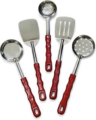 Enovetica Stainless Steel Cooking and Serving Spoon Set/Kitchen Tool Set/Ladle, Spatula Kitchen Tool Set(Silver, Red, Cooking Spoon)