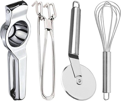 JISUN Lemon Squeezer & Pakkad & Pizza Cutter & Egg Whisk Kitchen Tool Set(Silver, Juicer, Tong, Cutter, Whisk)