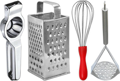 JISUN Stainless Steel Lemon Squeezer & Whisk & 4 in 1 Grater & Potato Masher Kitchen Tool Set(Silver, Masher, Juicer, Grater, Whisk)