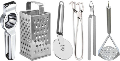 OC9 Lemon Squeezer & 4 in 1 Grater & Pizza Cutter & Pakkad & Chimta & Oval Masher Kitchen Tool Set(Silver, Juicer, Grater, Cutter, Tong, Tong, Masher)