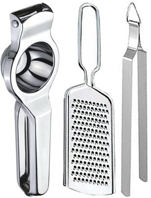 JISUN Stainless Steel Lemon Squeezer & Cheese Grater & Roti Chimta Kitchen Tool Set(Silver, Grater, Juicer, Tong)