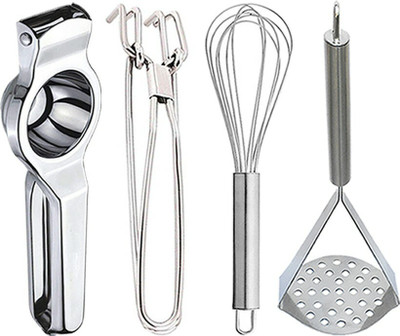 OC9 Stainless Steel Lemon Squeezer & Pakkad & Egg Whisk & Potato Masher Kitchen Tool Set(Silver, Masher, Tong, Juicer, Whisk)