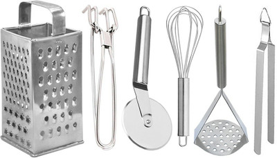 JISUN Slicer and Grater & Pakkad & Pizza Cutter & Whisk & Roti Chimta & Potato Masher Kitchen Tool Set(Silver, Grater, Tong, Cutter, Whisk, Masher)