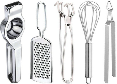 QAZ Lemon Squeezer & Cheese Grater & Pakkad & Egg Whisk & & Roti Chimta Kitchen Tool Set(Silver)