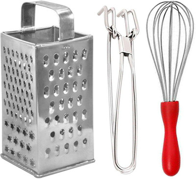 OC9 Stainless Steel Slicer and Grater & Utility Pakkad & Egg Whisk / Egg Beater For Kitchen Tool Set(Silver, Grater, Tong, Whisk)