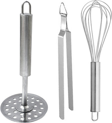 OC9 Stainless Steel Whisk / Egg Beater / Whisker & Potato Masher / Pav Bhaji Masher & Tong roti chimta Kitchen Tool Set(Silver, Masher, Whisk)