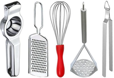 OC9 Steel Lemon Squeezer & Cheese Grater & Whisk & Potato Masher & Chimta Kitchen Tool Set(Silver, Juicer, Grater, Whisk, Masher, Tong)