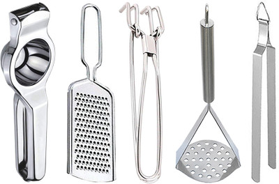 JISUN Stainless Steel Lemon Squeezer & Grater & Pakkad & Potato Masher & Roti Chimta Kitchen Tool Set(Silver, Juicer, Grater, Tong, Masher, Tong)