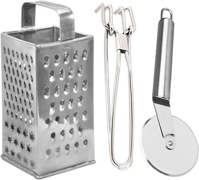 JISUN Slicer and Grater & Utility Pakkad & Pizza Cutter Kitchen Tool Kitchen Tool Set(Silver, Grater, Tong, Cutter)