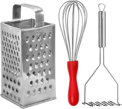 OC9 Stainless Steel Slicer and Grater & Egg Whisk / Egg Beater & Potato Masher For Kitchen Tool Set(Silver, Red, Grater, Whisk, Masher)