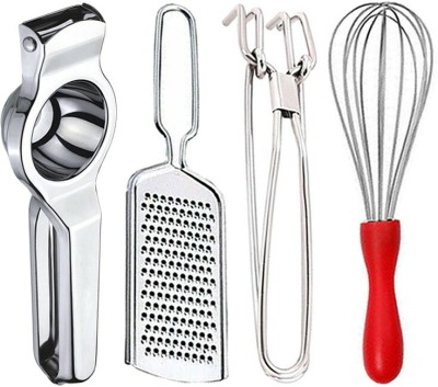 JISUN Stainless Steel Lemon Squeezer & Cheese Grater & Pakkad Kitchen Tool Set(Silver, Juicer, Grater, Tong, Whisk)