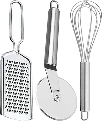 OC9 Stainless Steel Wire Grater & Wheel Pizza Cutter & Egg Whisk / Egg Beater For Kitchen Tool Set(Silver, Grater, Cutter, Whisk)