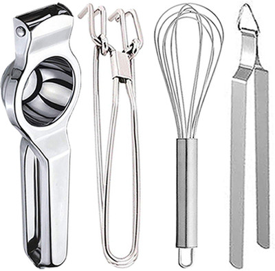 DreamBasket O3 LemonSqueezer & Pakkad & Whisk & Chimta Kitchen Tool Set(Silver)