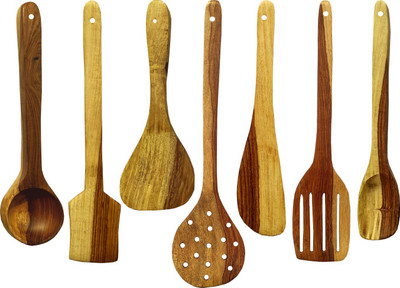 Miwala Cooking and Serving Spoons Pack of 7 Kitchen Tool Set(Yellow-Brown, Cooking Spoon)
