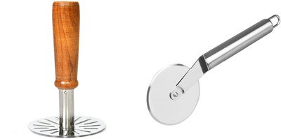 Analog Kitchenware Steel Pizza/Paratha/Sandwich Cutter + Potato/Pav Bhaji Wooden Handle Masher Kitchen Tool Set(Silver, Masher, Cutter)