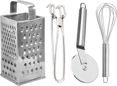 OC9 Slicer and Grater & Utility Pakkad & Wheel Pizza Cutter & Egg Whisk / Egg Beater Kitchen Tool Set(Silver, Grater, Tong, Whisk, Cutter)