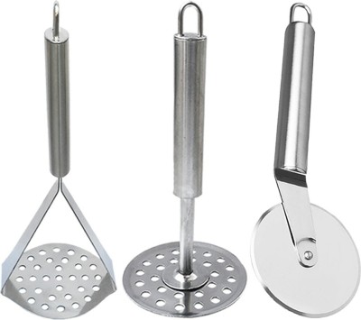 JISUN Stainless Steel Wheel Pizza Cutter & 2 Vegetable Masher / Pav Bhaji Masher / Potato Masher Kitchen Tool Set(Silver, Masher, Cutter)