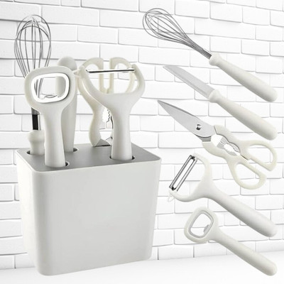 MAKD Stainless Steel 6-Piece Kitchen Gadgets Set, Kitchen Scissor Kitchen Tool Set(White, Knife, Peeler, Opener, Whisk, Scissor)