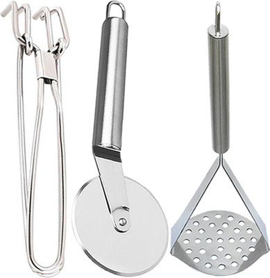 OC9 Stainless Steel Utility Pakkad & Wheel Pizza Cutter & Potato Masher For Kitchen Tool Set(Silver, Tong, Cutter, Masher)