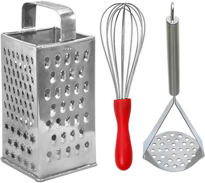 OC9 Stainless Steel Slicer and Grater & Egg Whisk / Egg Beater & Potato Masher For Kitchen Tool Set(Silver, Red, Grater, Whisk, Masher)
