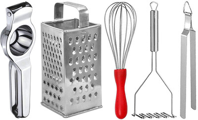 DreamBasket Lemon Squeezer & Grater & Egg Whisk & Potato Masher & Roti Chimta Kitchen Tool Set(Silver, Juicer, Grater, Whisk, Masher, Tong)